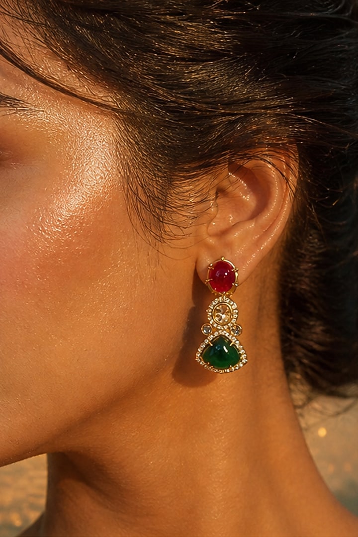 Gold Finish Kundan Polki & Multi-Colored Stone Necklace Set by Tussya at Pernia's Pop Up Shop