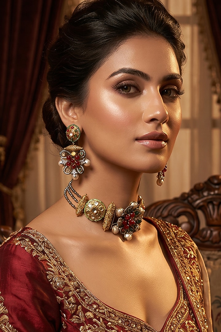 Antique Gold Finish Kundan Polki Choker Necklace Set by Tussya at Pernia's Pop Up Shop