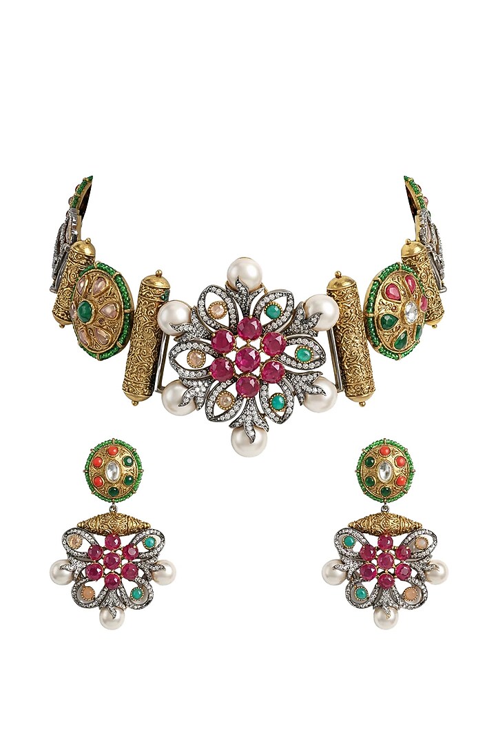 Antique Gold Finish Kundan Polki Choker Necklace Set by Tussya at Pernia's Pop Up Shop