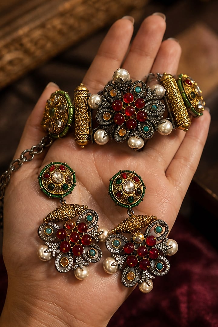 Antique Gold Finish Kundan Polki Choker Necklace Set by Tussya at Pernia's Pop Up Shop