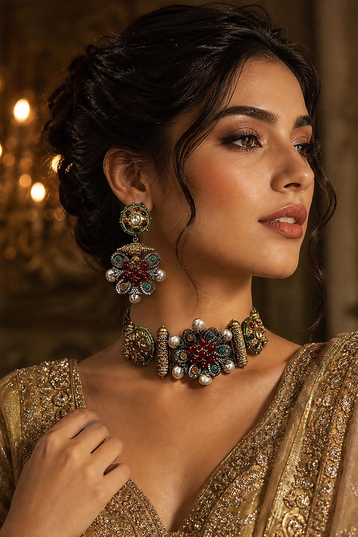 Antique Gold Finish Kundan Polki Choker Necklace Set by Tussya at Pernia's Pop Up Shop