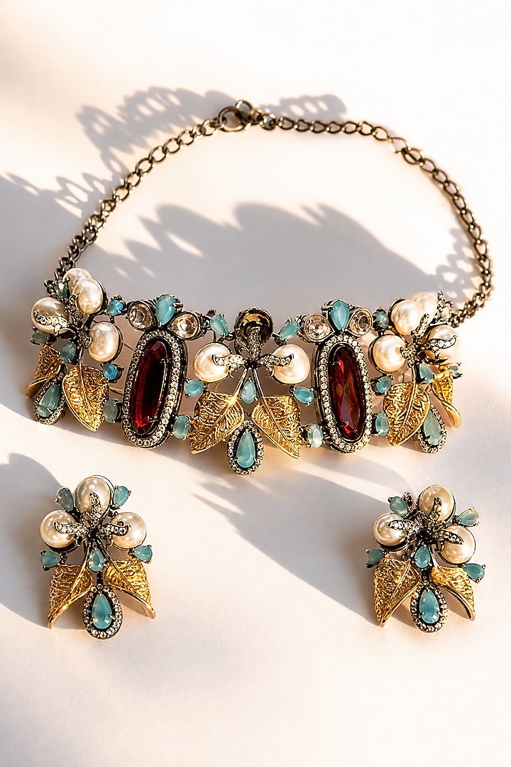 Antique Silver Finish Kundan Polki Choker Necklace Set by Tussya at Pernia's Pop Up Shop