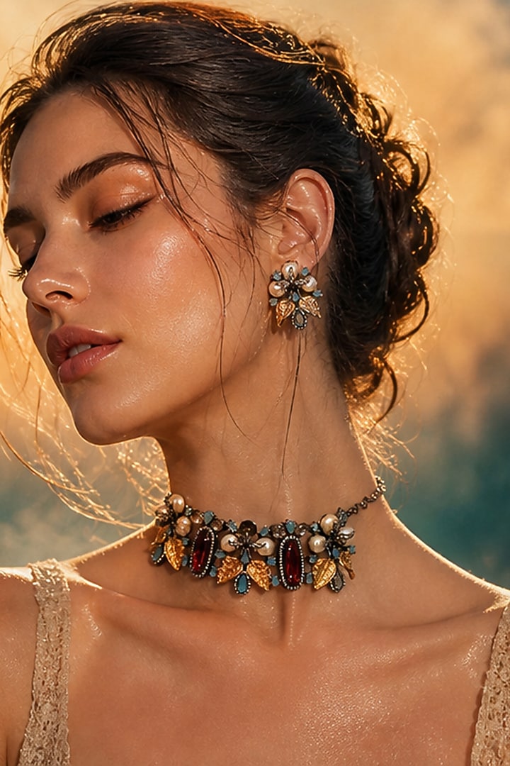 Antique Silver Finish Kundan Polki Choker Necklace Set by Tussya at Pernia's Pop Up Shop