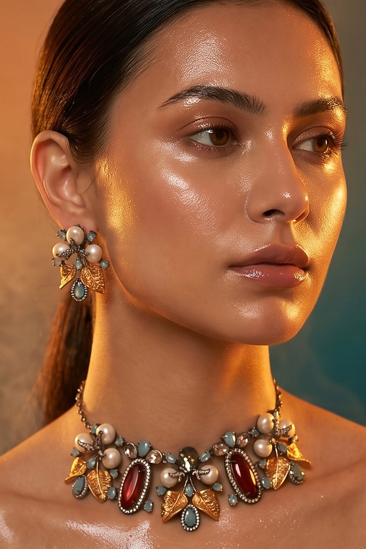 Antique Silver Finish Kundan Polki Choker Necklace Set by Tussya at Pernia's Pop Up Shop