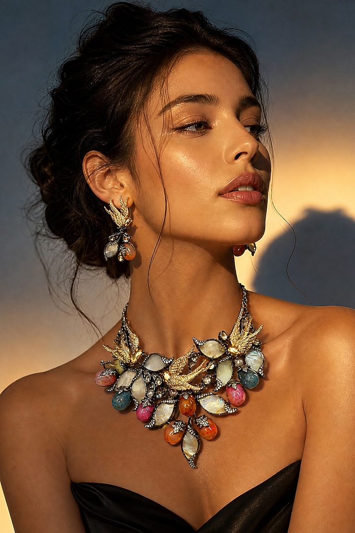 Antique Silver Finish Swarovski Crystal & Multi-Colored Stone Choker Necklace Set by Tussya at Pernia's Pop Up Shop