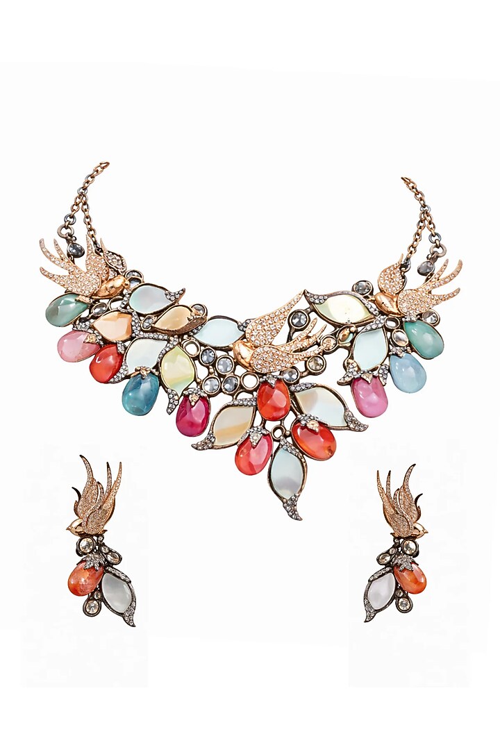 Antique Silver Finish Swarovski Crystal & Multi-Colored Stone Choker Necklace Set by Tussya at Pernia's Pop Up Shop