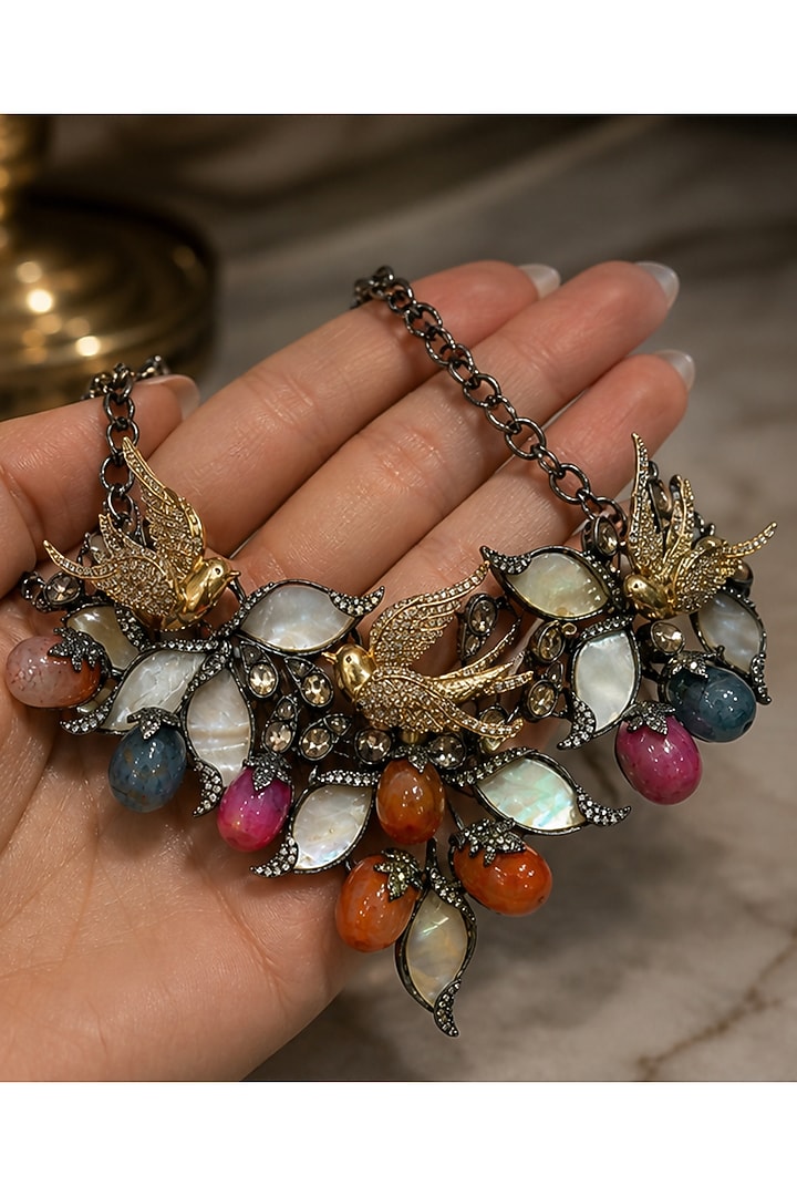 Antique Silver Finish Swarovski Crystal & Multi-Colored Stone Choker Necklace Set by Tussya at Pernia's Pop Up Shop