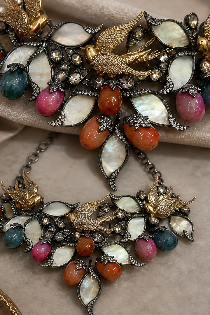 Antique Silver Finish Swarovski Crystal & Multi-Colored Stone Choker Necklace Set by Tussya at Pernia's Pop Up Shop