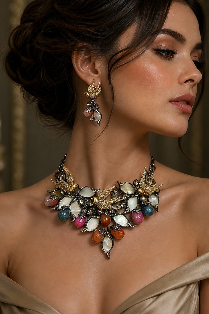 Antique Silver Finish Swarovski Crystal & Multi-Colored Stone Choker Necklace Set by Tussya at Pernia's Pop Up Shop