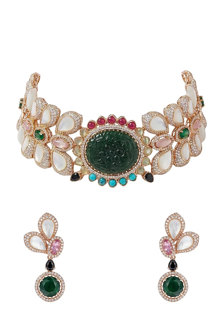 Gold Finish Swarovski Crystal & Emerald Stone Choker Necklace Set by Tussya at Pernia's Pop Up Shop