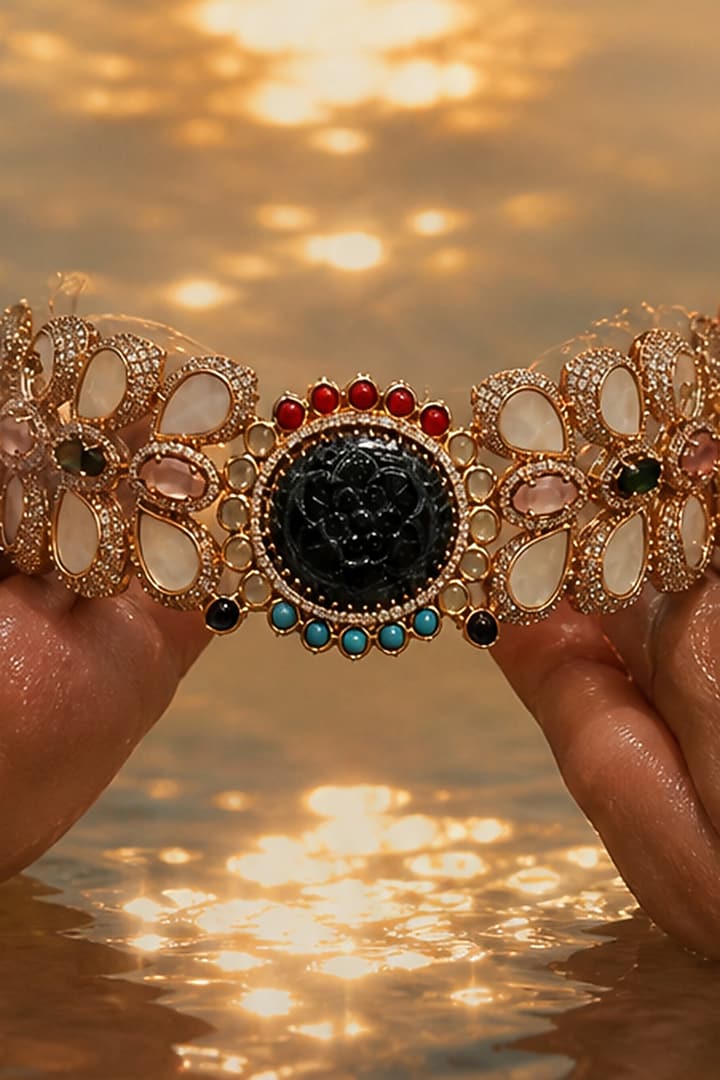 Gold Finish Swarovski Crystal & Emerald Stone Choker Necklace Set by Tussya at Pernia's Pop Up Shop