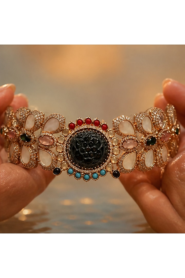 Gold Finish Swarovski Crystal & Emerald Stone Choker Necklace Set by Tussya at Pernia's Pop Up Shop