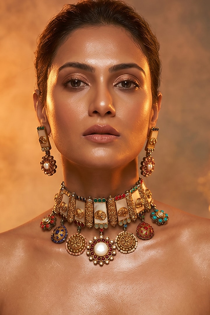 Antique Gold Finish Mother Of Pearl & Multi-Colored Stone Choker Necklace Set by Tussya at Pernia's Pop Up Shop