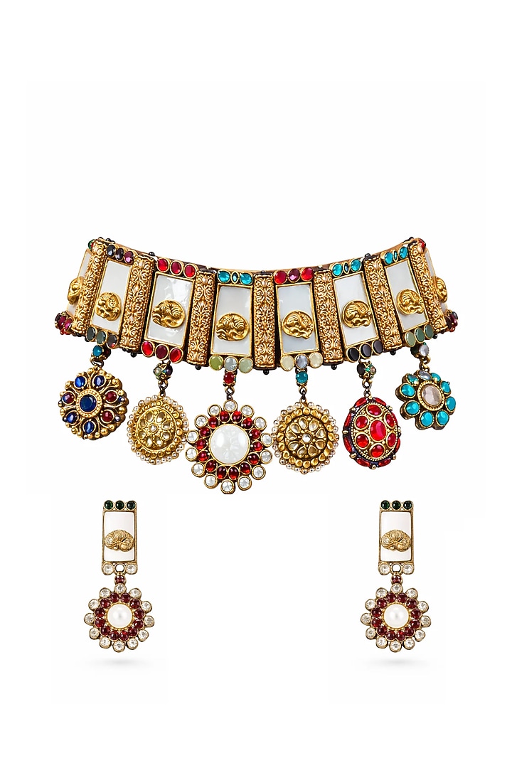 Antique Gold Finish Mother Of Pearl & Multi-Colored Stone Choker Necklace Set by Tussya at Pernia's Pop Up Shop