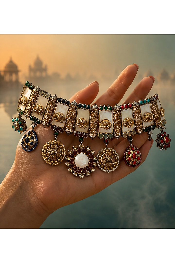 Antique Gold Finish Mother Of Pearl & Multi-Colored Stone Choker Necklace Set by Tussya at Pernia's Pop Up Shop