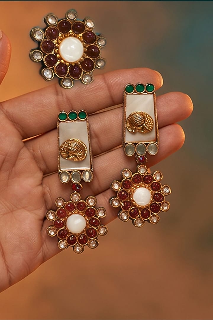 Antique Gold Finish Mother Of Pearl & Multi-Colored Stone Choker Necklace Set by Tussya at Pernia's Pop Up Shop
