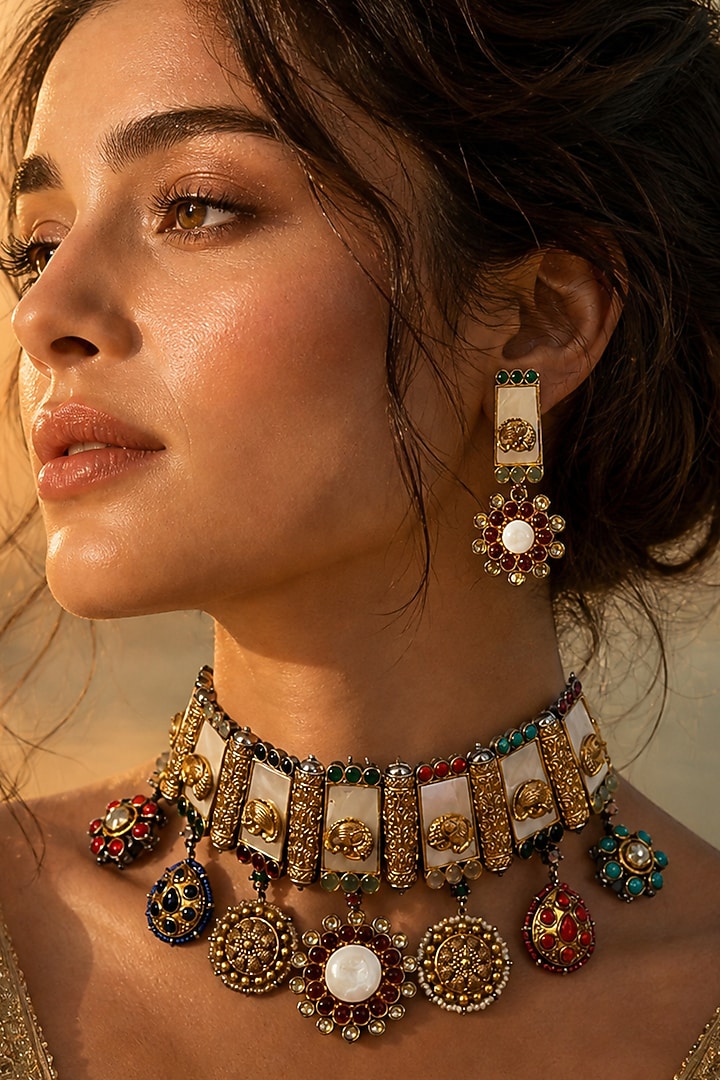 Antique Gold Finish Mother Of Pearl & Multi-Colored Stone Choker Necklace Set by Tussya at Pernia's Pop Up Shop
