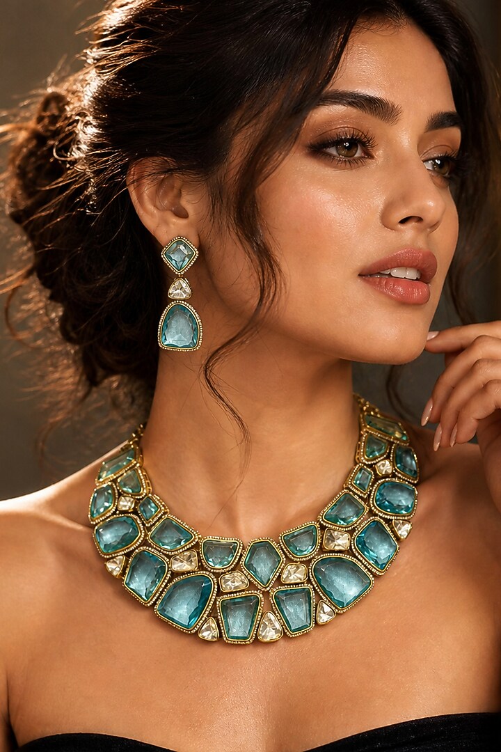 White Finish Diamond & Blue Emerald Stone Choker Necklace Set by Tussya at Pernia's Pop Up Shop