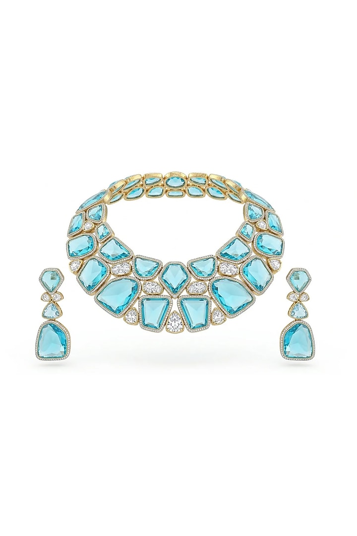 White Finish Diamond & Blue Emerald Stone Choker Necklace Set by Tussya at Pernia's Pop Up Shop