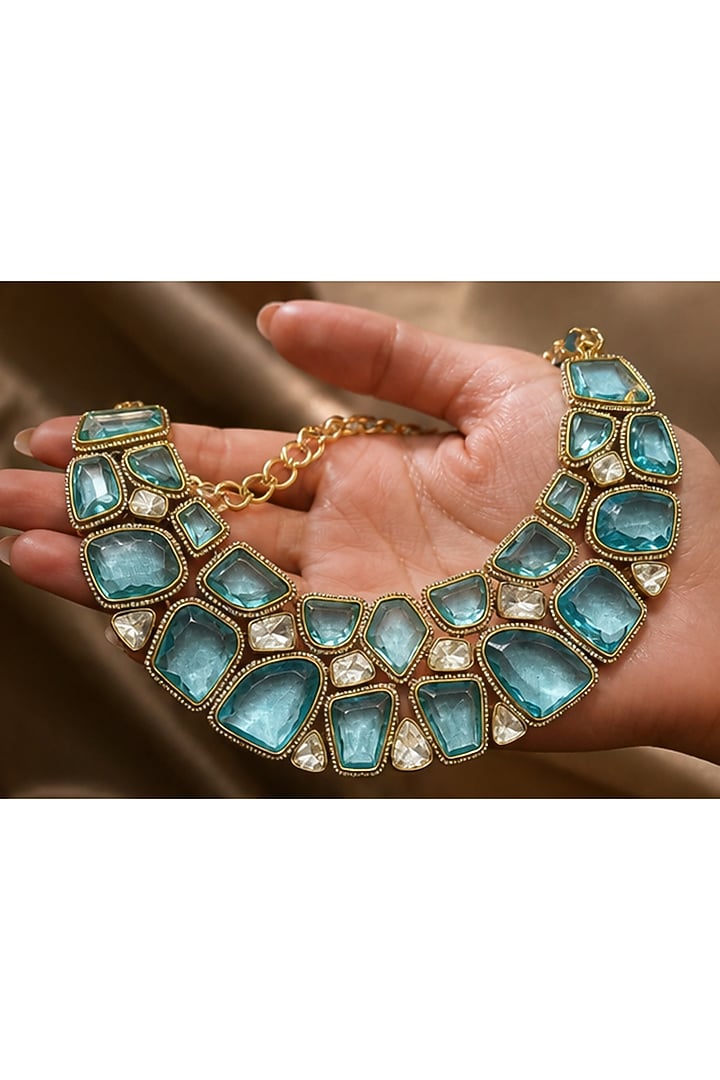 White Finish Diamond & Blue Emerald Stone Choker Necklace Set by Tussya at Pernia's Pop Up Shop