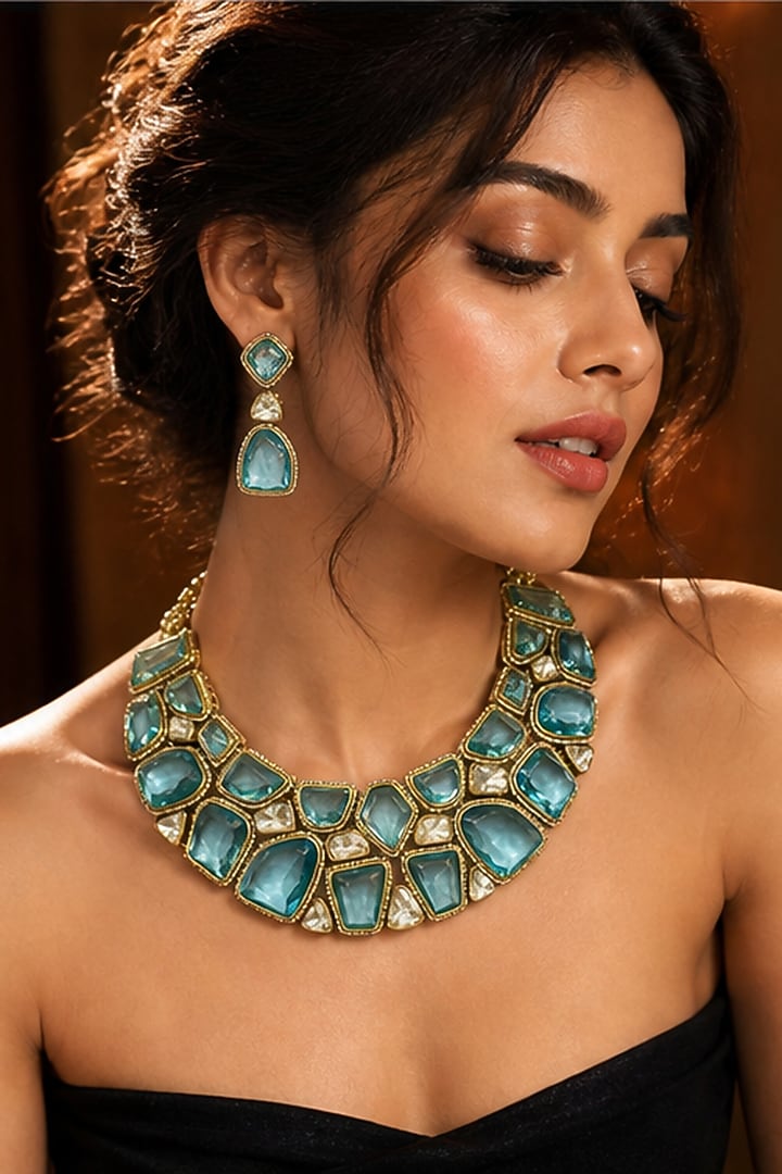 White Finish Diamond & Blue Emerald Stone Choker Necklace Set by Tussya at Pernia's Pop Up Shop
