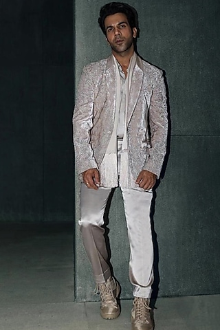 Regal Beige Silk Velvet Embroidered Tuxedo Set by Rohit Gandhi & Rahul Khanna Men