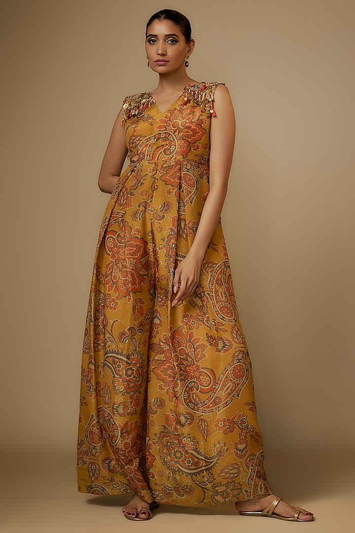 Yellow Tissue Organza Paisley Printed & Aari Embroidered Jumpsuit by Taavare at Pernia's Pop Up Shop