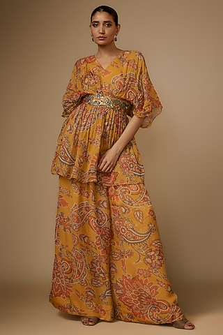 Yellow Viscose Organza Paisley Printed Pant Set by Taavare