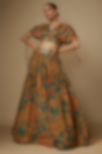 Blue Tissue Organza Paisley Printed & Aari Embroidered Wedding Lehenga Set by Taavare at Pernia's Pop Up Shop