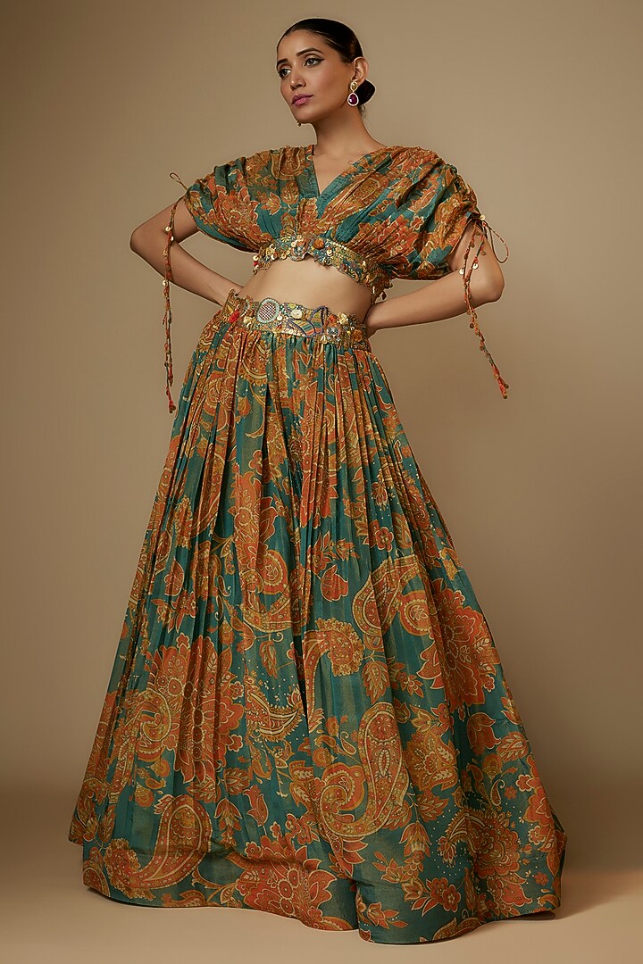 Blue Tissue Organza Paisley Printed & Aari Embroidered Wedding Lehenga Set by Taavare at Pernia's Pop Up Shop