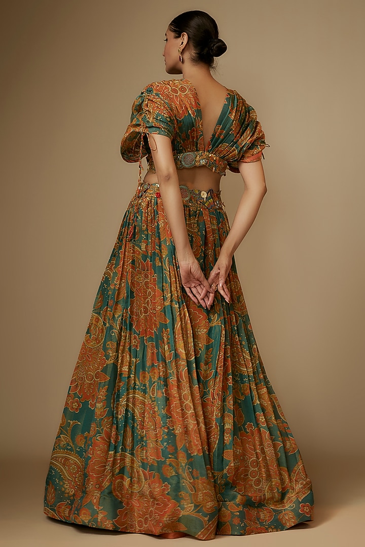 Blue Tissue Organza Paisley Printed & Aari Embroidered Wedding Lehenga Set by Taavare at Pernia's Pop Up Shop