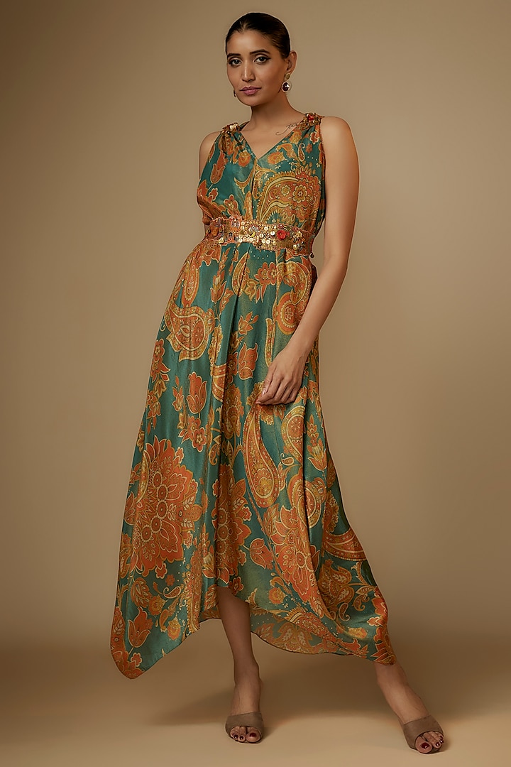 Blue Tissue Organza Paisley Printed Gown by Taavare