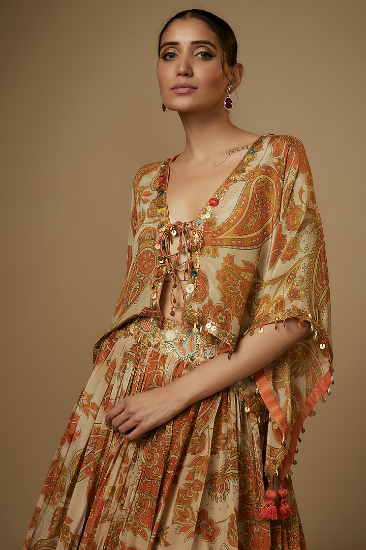 Ivory Tissue Organza Paisley Printed & Aari Embroidered Wedding Lehenga Set by Taavare at Pernia's Pop Up Shop
