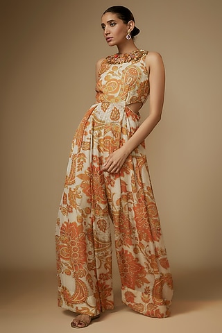 Ivory Viscose Organza Paisley Printed & Aari Embroidered Jumpsuit by Taavare
