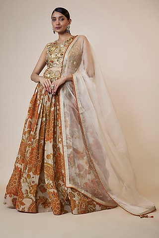 Ivory Tissue Organza Printed & Embroidered Lehenga Set by Taavare
