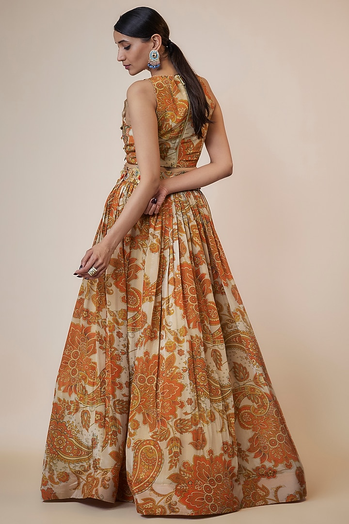 Ivory Tissue Organza Printed & Embroidered Wedding Lehenga Set by Taavare at Pernia's Pop Up Shop