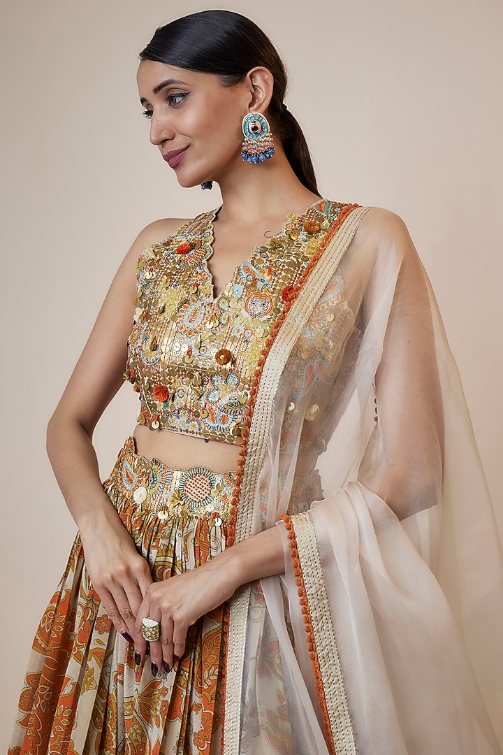Ivory Tissue Organza Printed & Embroidered Wedding Lehenga Set by Taavare at Pernia's Pop Up Shop