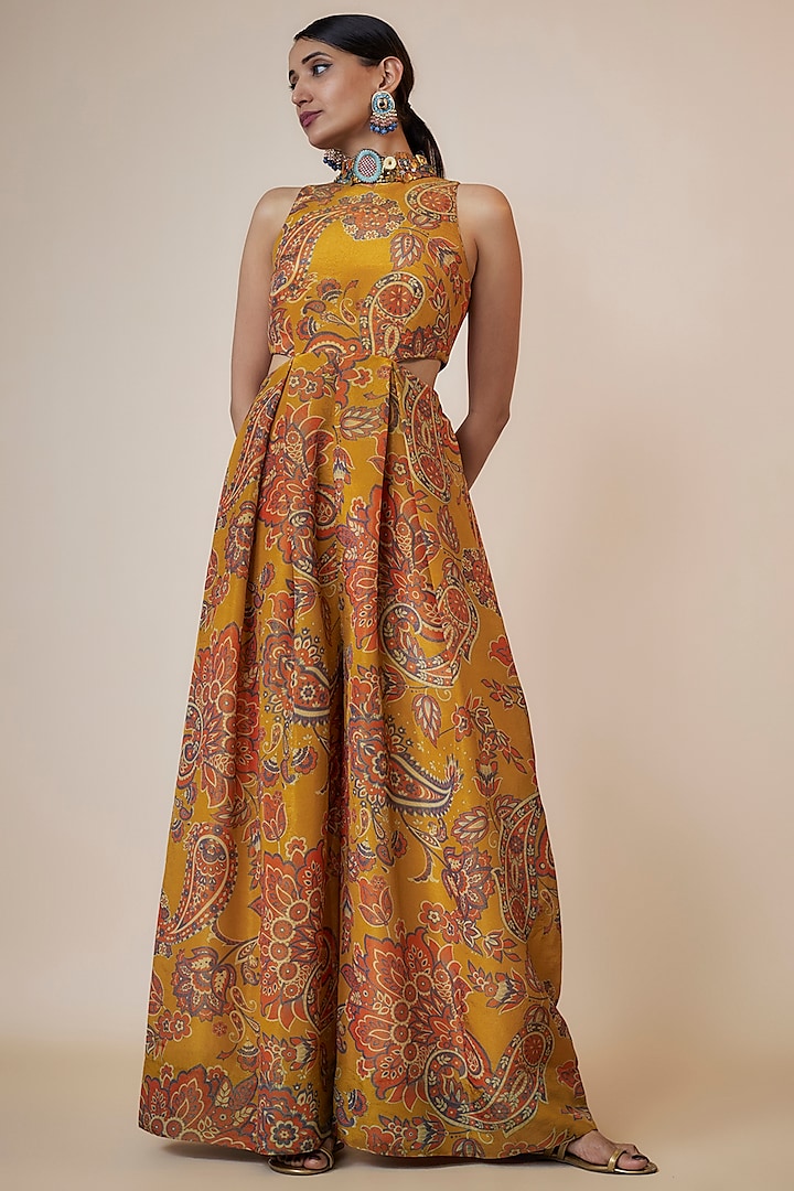Yellow Tissue Organza Printed & Embroidered Jumpsuit by Taavare
