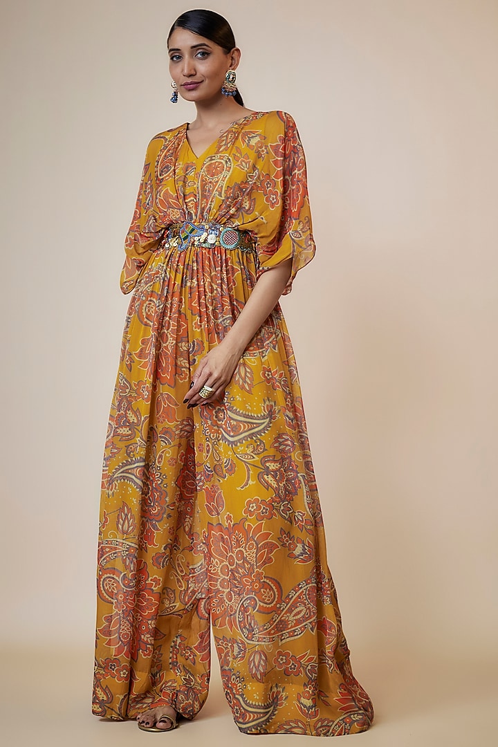 Yellow Viscose Organza Printed Jumpsuit by Taavare