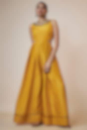 Yellow Tissue Organza Hand Embroidered Jumpsuit by Taavare
