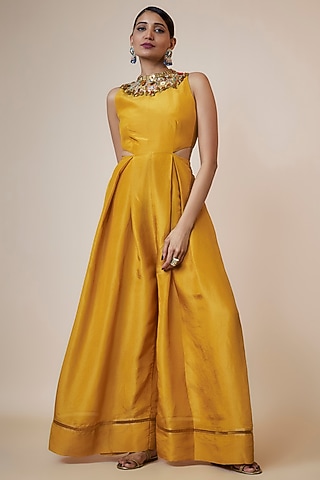 Yellow Tissue Organza Hand Embroidered Jumpsuit by Taavare