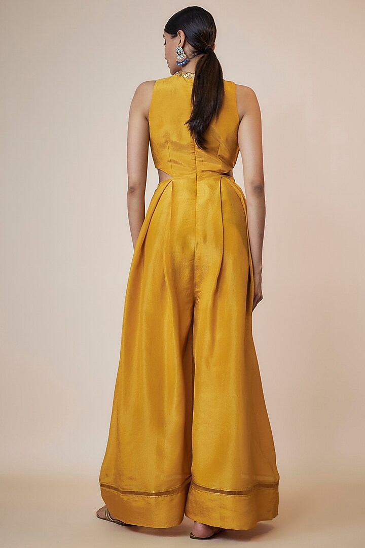 Yellow Tissue Organza Hand Embroidered Jumpsuit by Taavare at Pernia's Pop Up Shop