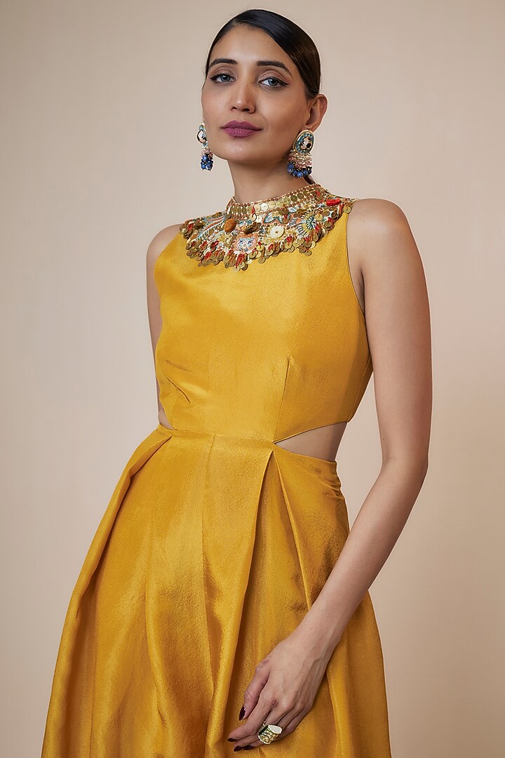 Yellow Tissue Organza Hand Embroidered Jumpsuit by Taavare at Pernia's Pop Up Shop