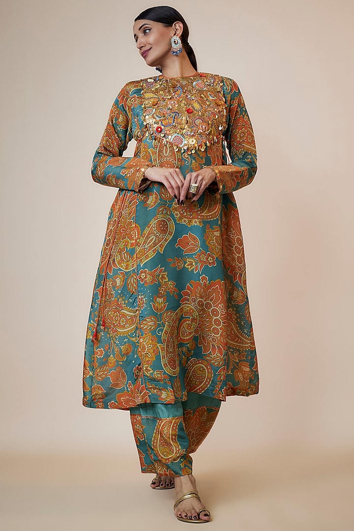 Blue Tissue Organza Printed & Embroidered Kurta Set by Taavare