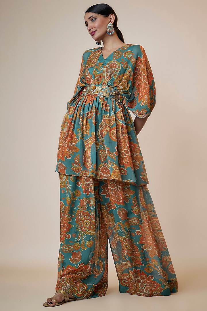 Blue Viscose Organza Printed Co-Ord Set by Taavare