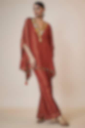 Red Tissue Organza Hand Embroidered Kaftan Set by Taavare