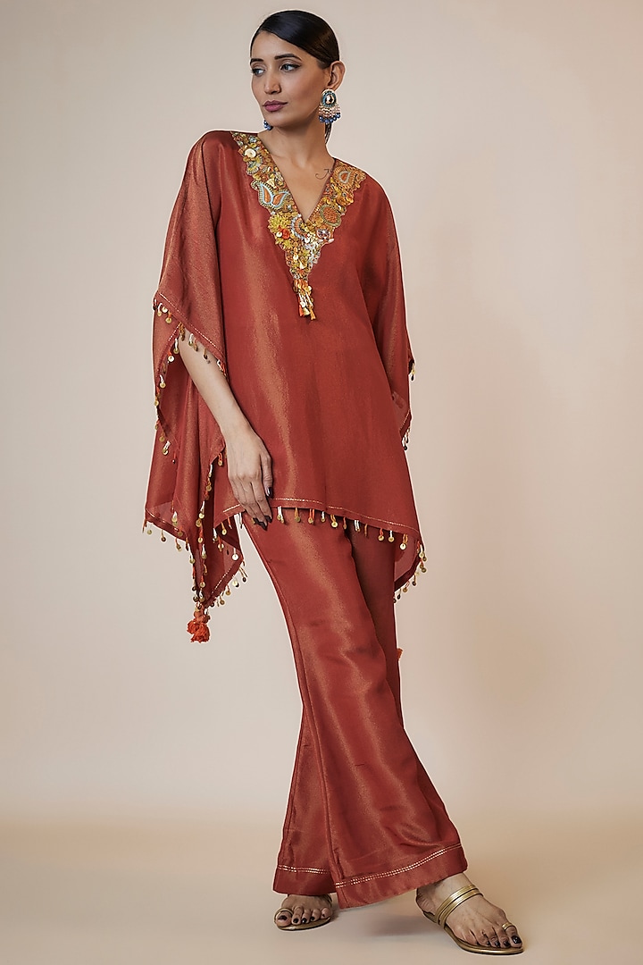 Red Tissue Organza Hand Embroidered Kaftan Set by Taavare