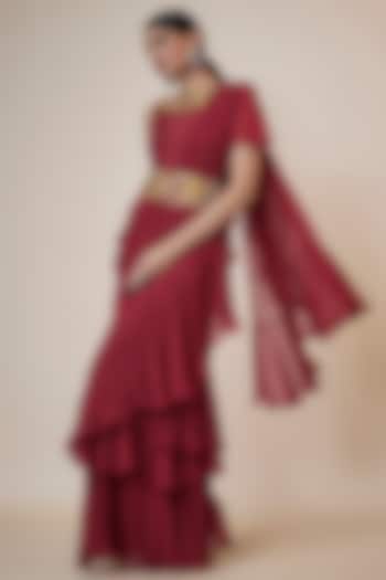 Red Chiffon Pre-Draped Saree Set by Taavare