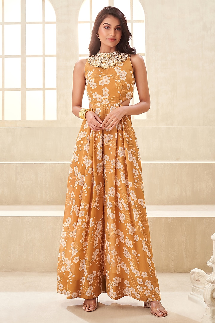 Gold Organza Printed & Embroidered Jumpsuit by Taavare