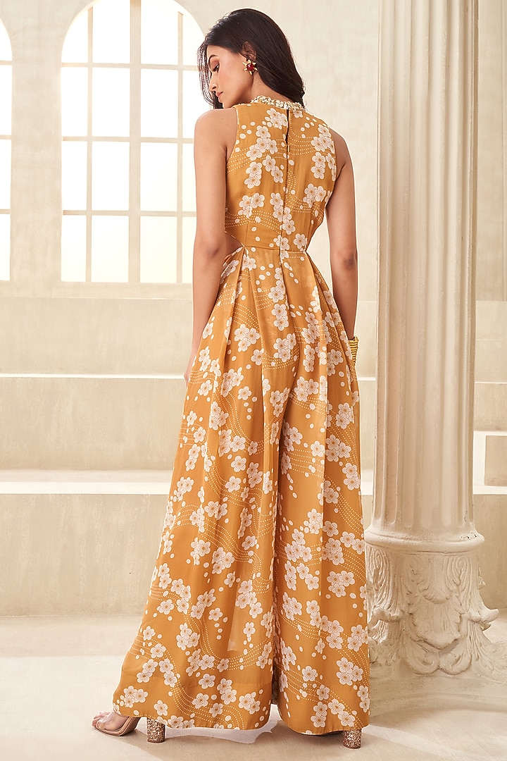 Gold Organza Printed & Embroidered Jumpsuit by Taavare at Pernia's Pop Up Shop